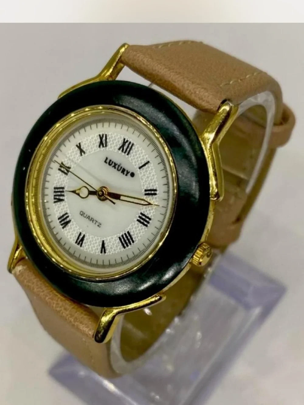 Luxury® Quartz Round Watch in Black, Gold & Tan ***